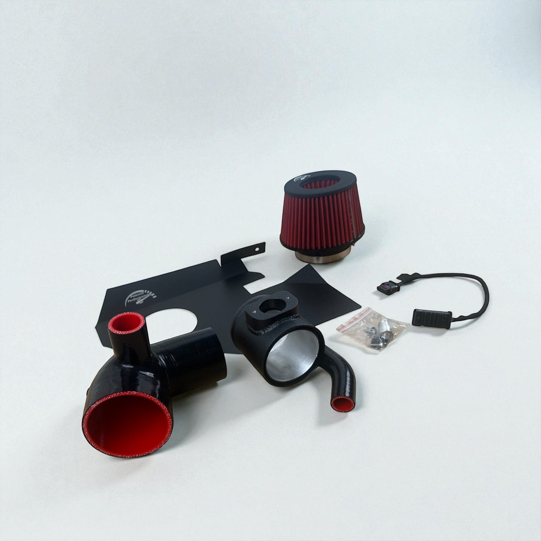 Palenon Performance cold air intake kit for BMW N55 with black aluminum pipes, red filter, and turbo heat shield.