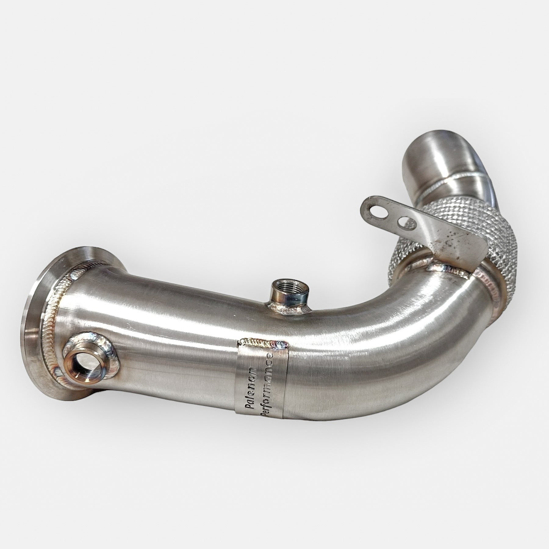 Palenon Performance stainless steel race downpipe for BMW S63 engines featuring v-band connection and O2 sensor bungs.