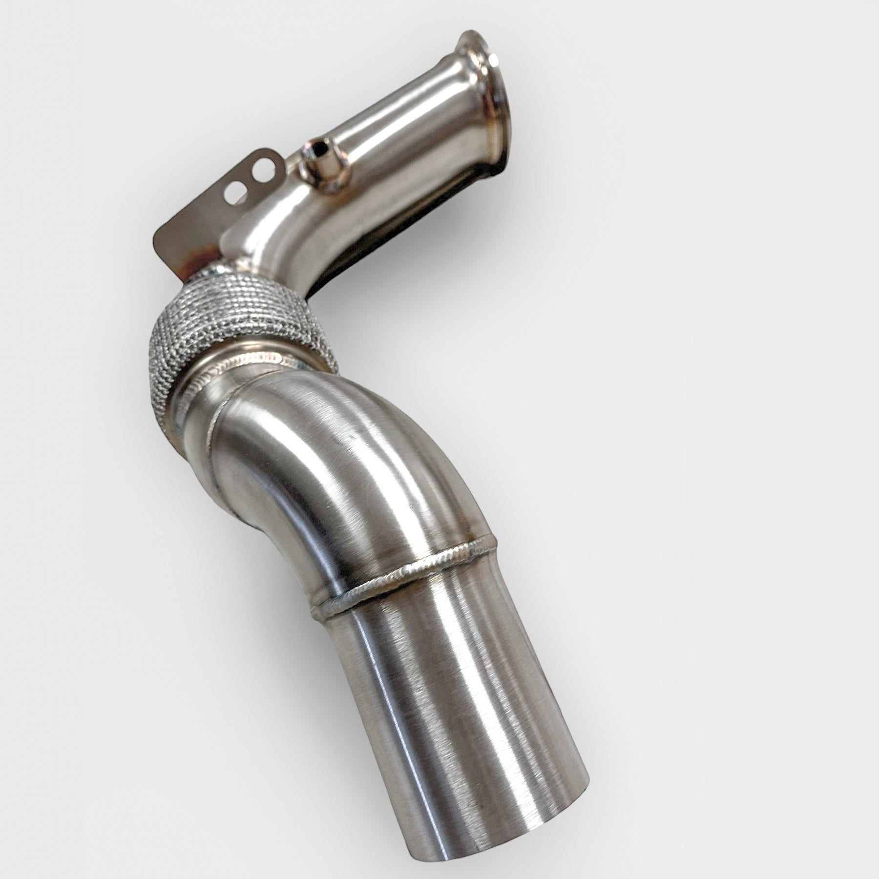 Palenon Performance stainless steel race downpipe for BMW S63 engines featuring a durable v-band connection.