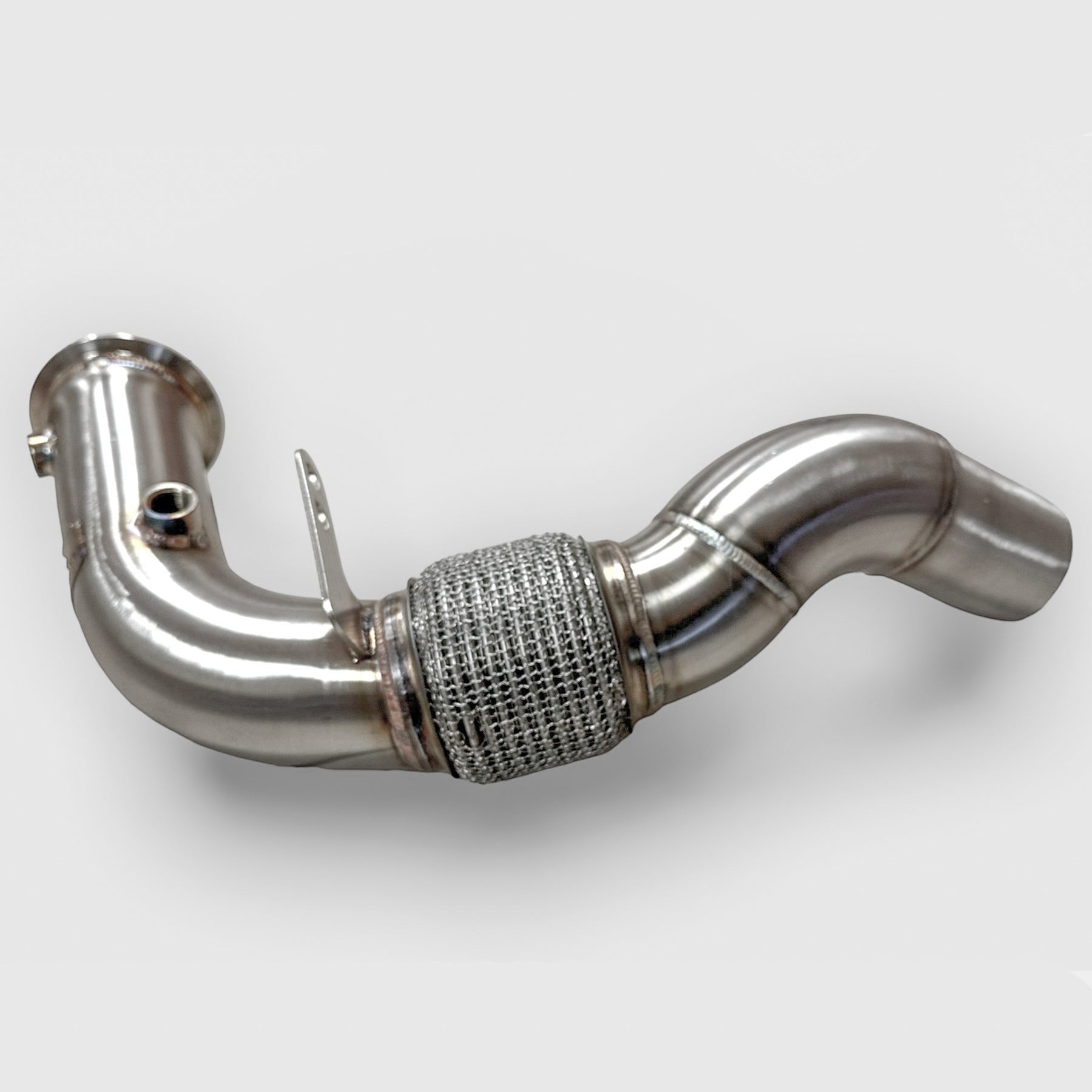 Palenon Performance stainless steel race downpipe for BMW S63 engines with v-band connection and flexible mesh section