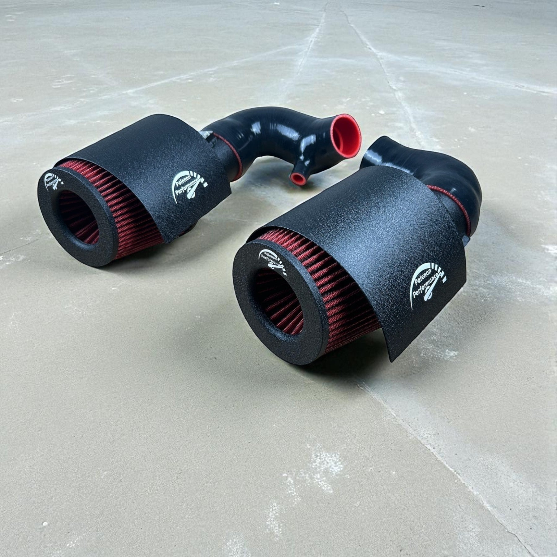 Palenon Performance cold air intake system with red high-flow filters and black heat shields for Infiniti Q50 and Q60
