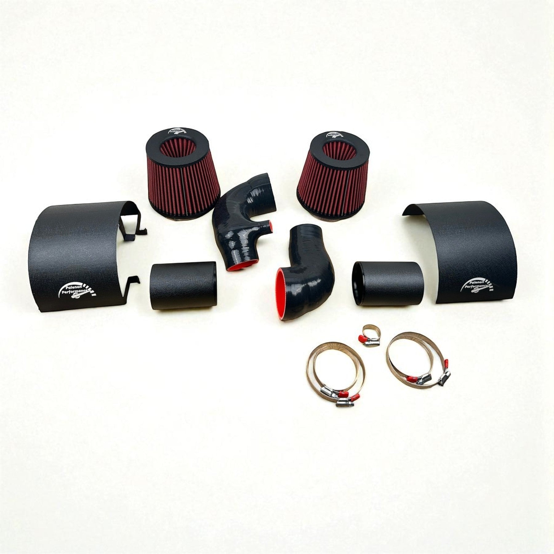 Palenon Performance cold air intake kit for Infiniti Q50 and Q60 with black piping, heat shields, and red air filters.