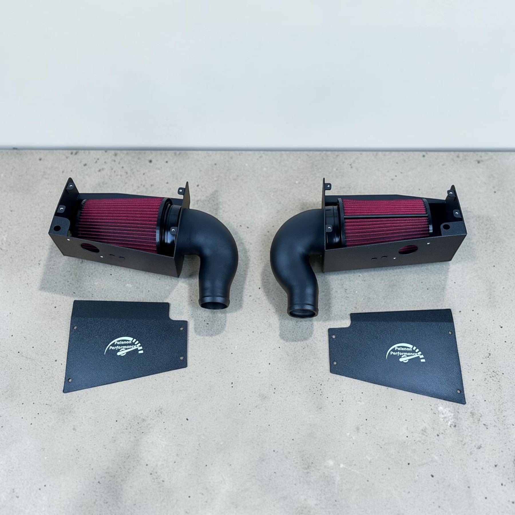 Palenon Performance dual cold air intake system with red filters and black heat shields for Mercedes M177 engines