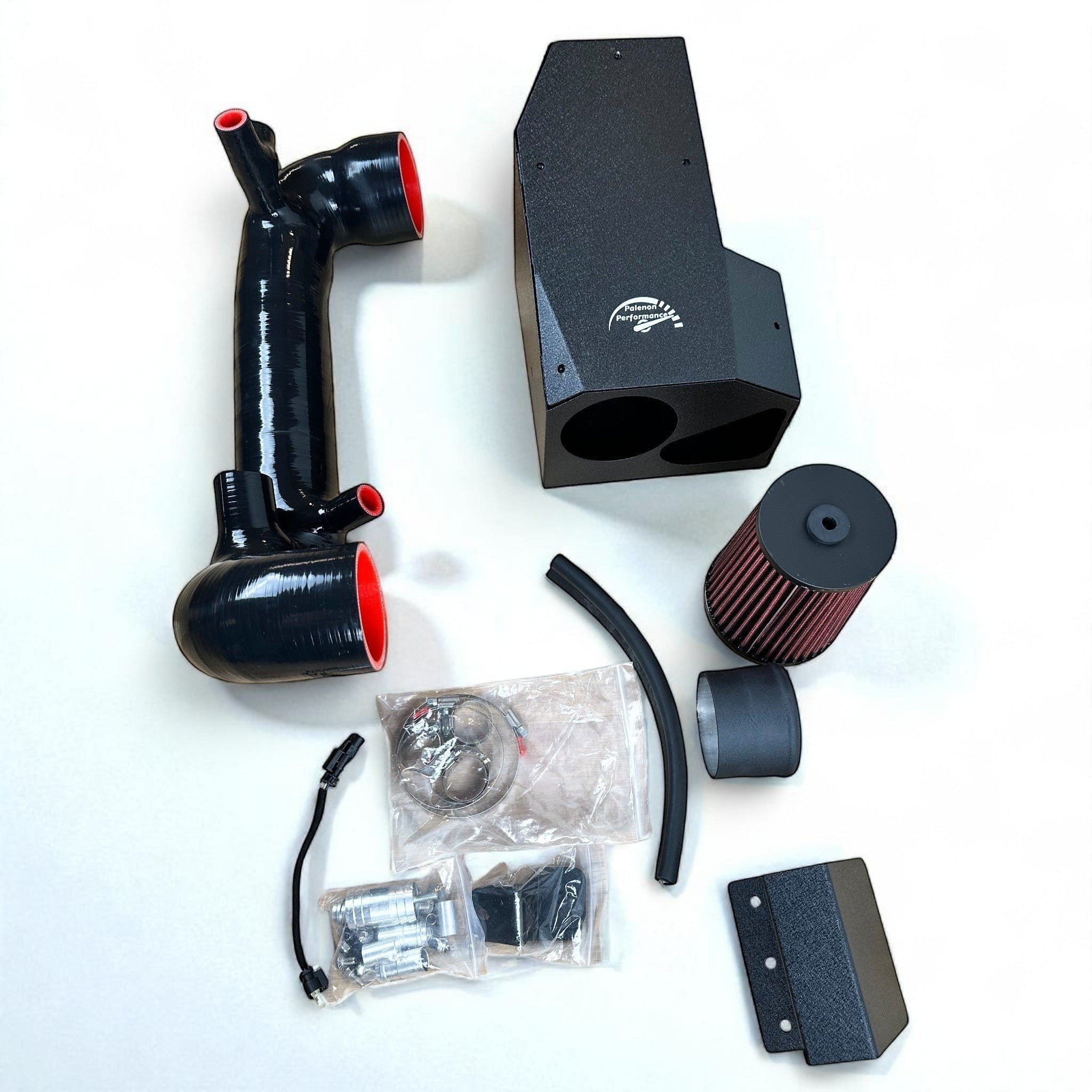 Palenon Performance M264 cold air intake kit with black silicone hose, powder-coated heat shield, and air filter.
