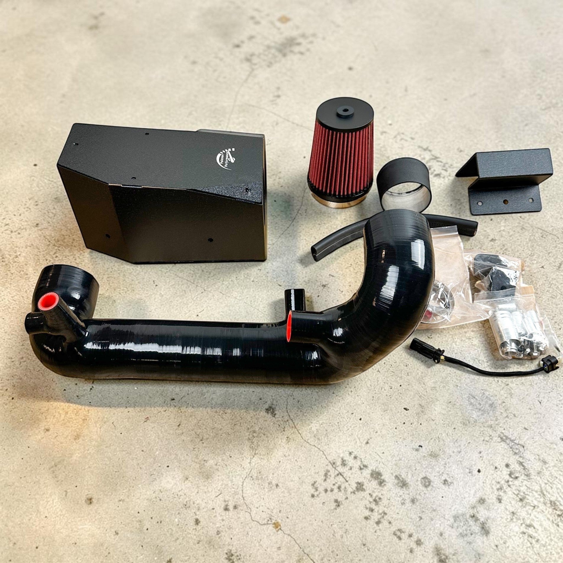 Palenon Performance M264 cold air intake kit with black heat shield, red filter, and silicone pipe for Mercedes-Benz