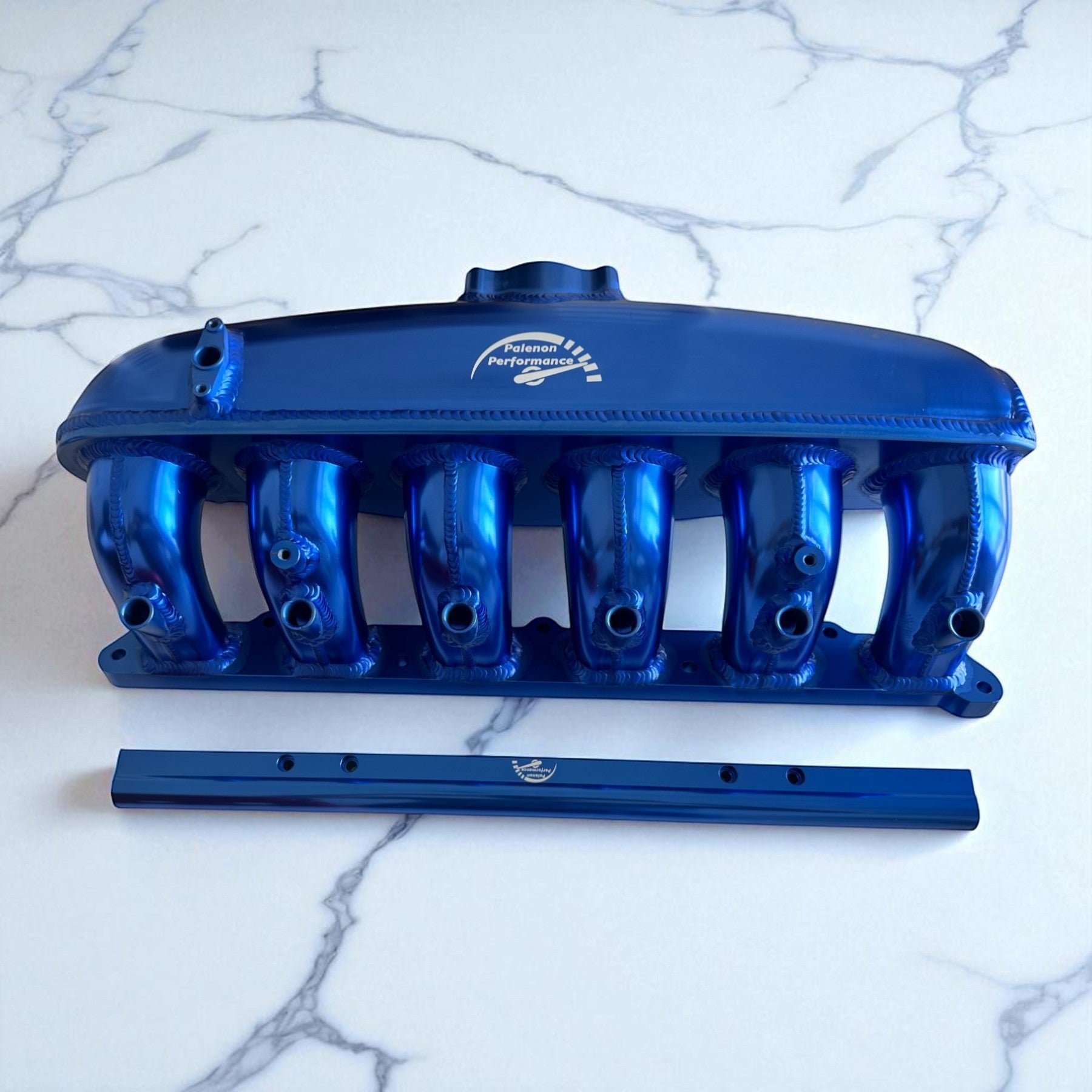 Palenon Performance blue aluminum intake manifold for BMW N54 engines with integrated port injection bungs