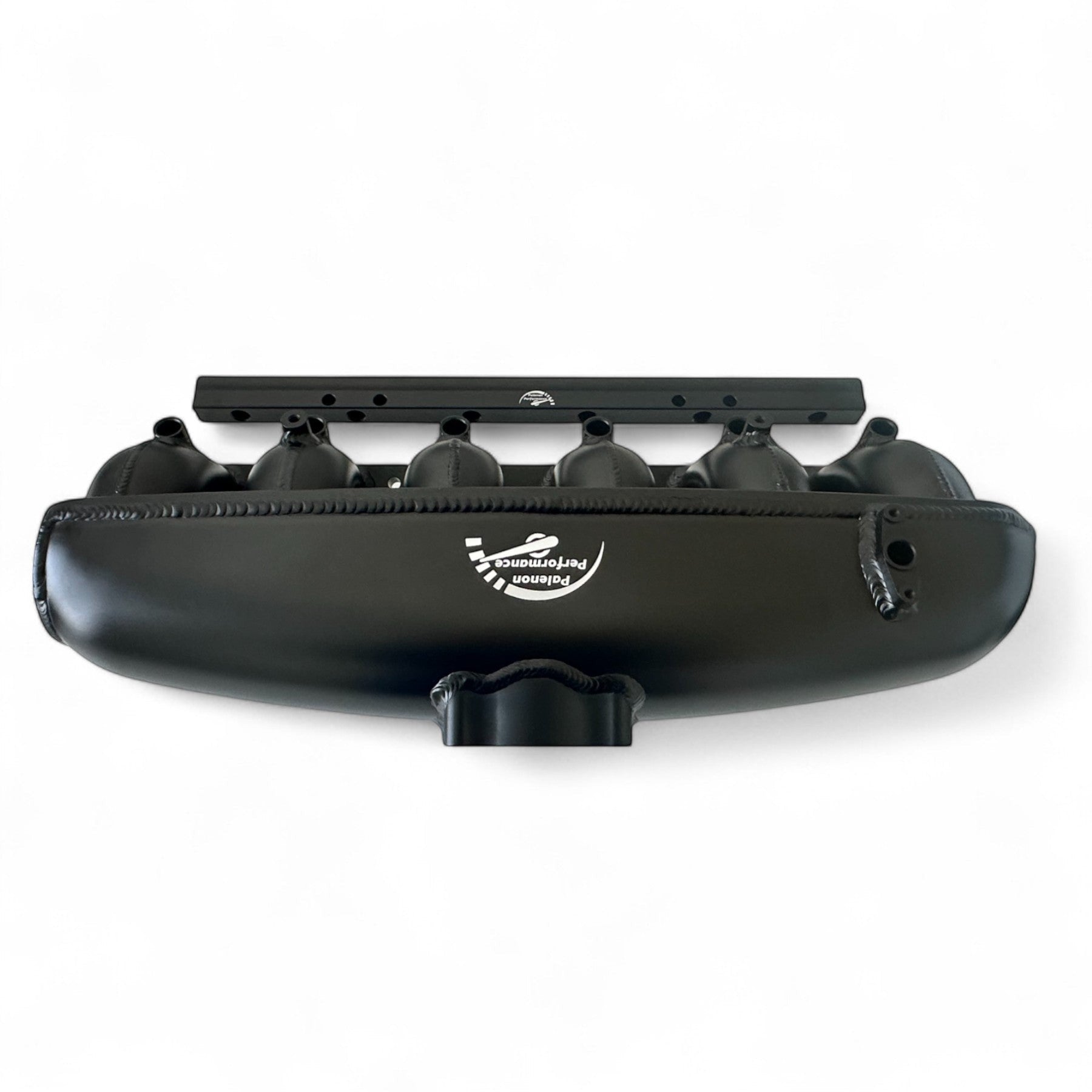 Palenon Performance aluminum intake manifold for BMW N54 engines with integrated port injection bungs in matte black.