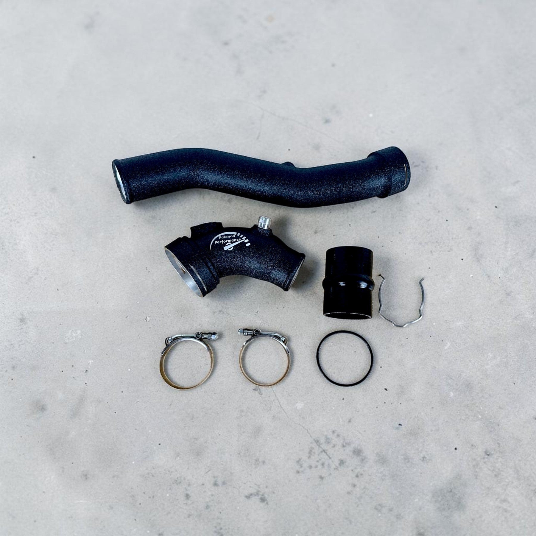 Palenon Performance aluminum N55 charge pipe kit in wrinkle black with silicone coupler and stainless steel clamps.