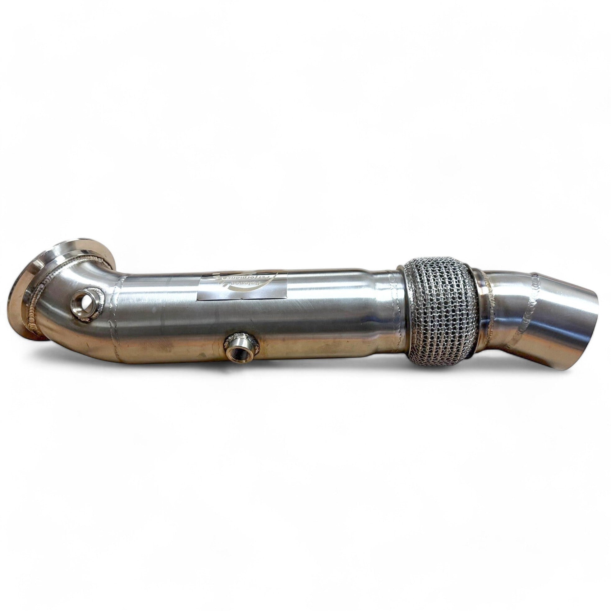 Palenon Performance N55 stainless steel downpipe with TIG-welded joints, O2 sensor bungs, and flexible mesh section.