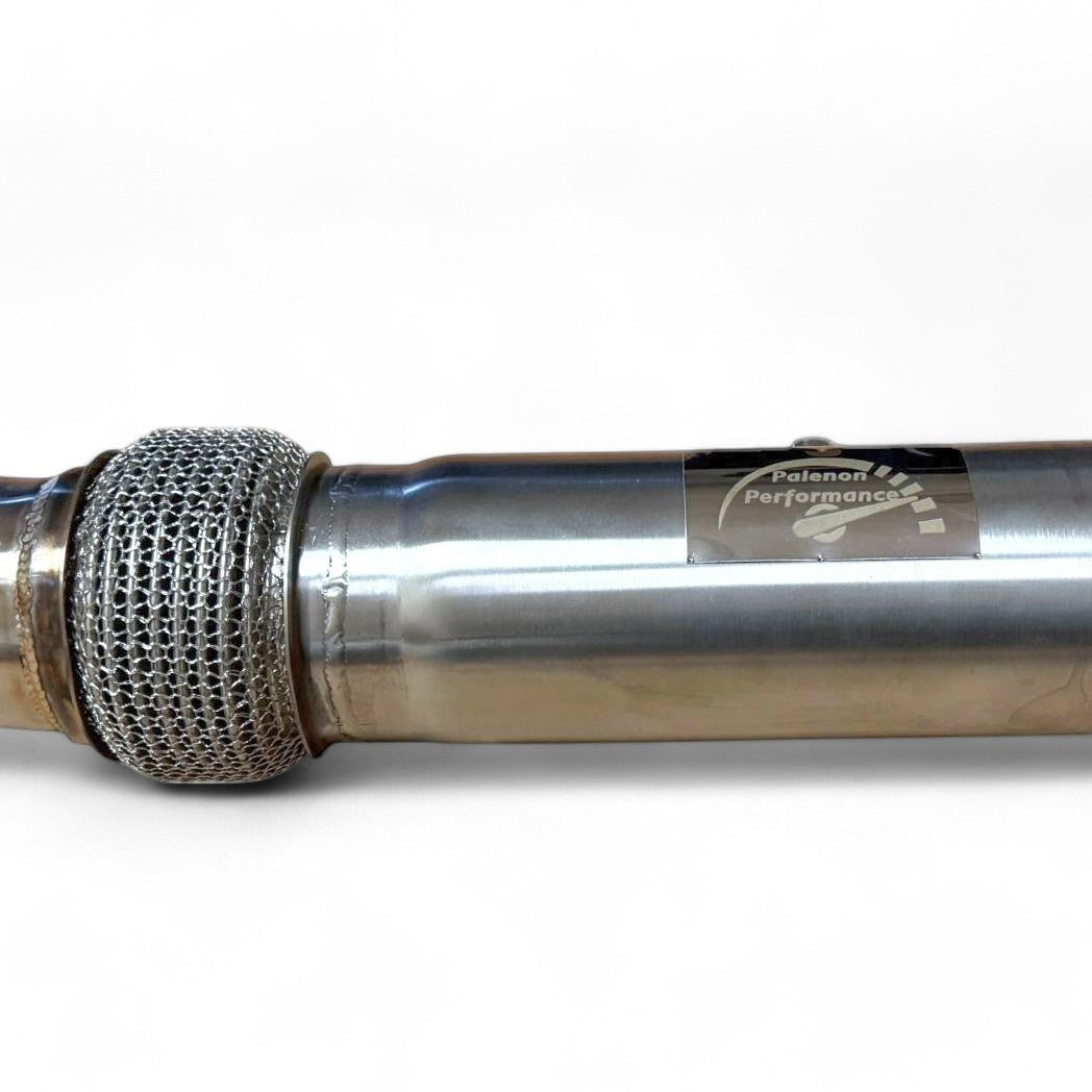 Palenon Performance N55 stainless steel downpipe featuring a flexible mesh section and branded metal plate