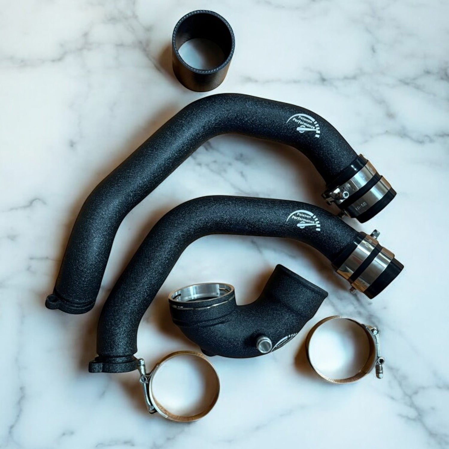 Palenon Performance aluminum charge pipes for BMW S55 engines in wrinkle black finish with CNC-machined flanges.