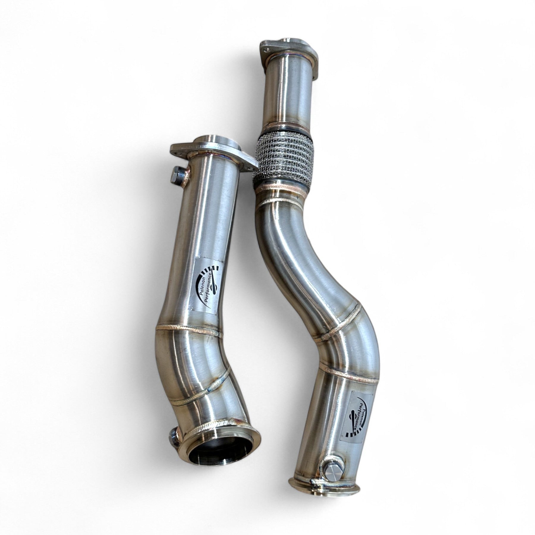 Palenon Performance stainless steel catless downpipes for BMW S58 engine, featuring mandrel-bent tubing and welds.