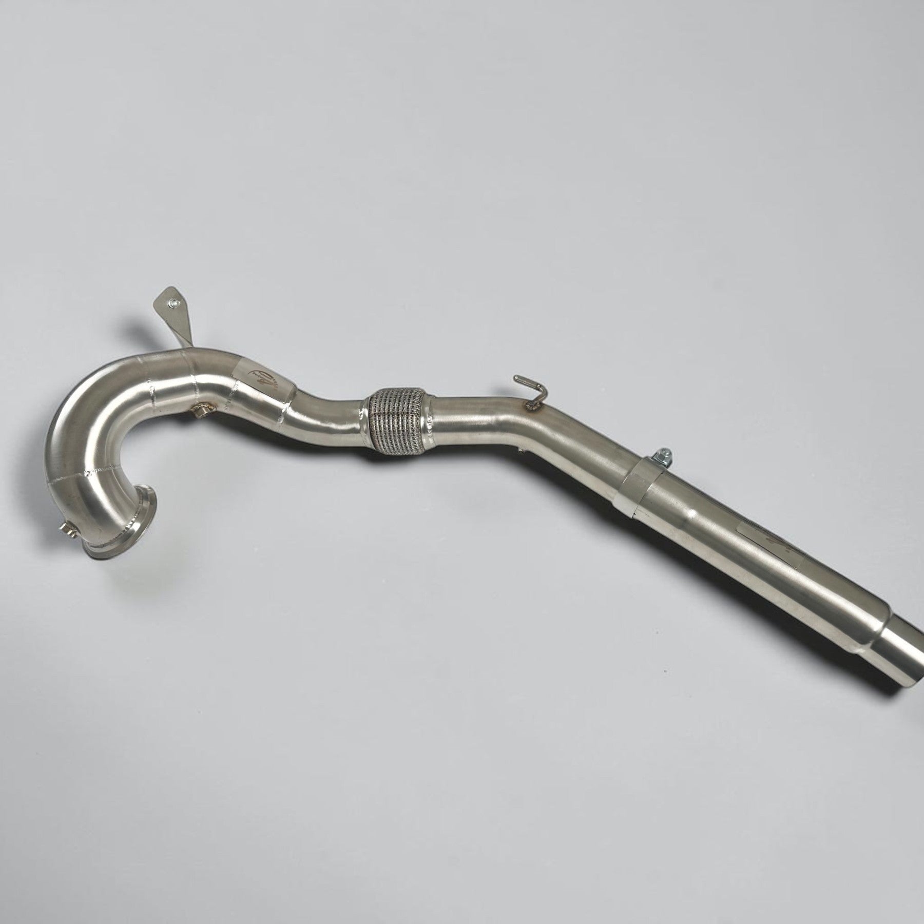 Palenon Performance stainless steel race downpipe for VW MK8 GTI and Audi 8Y A3 with flex section and TIG welds.