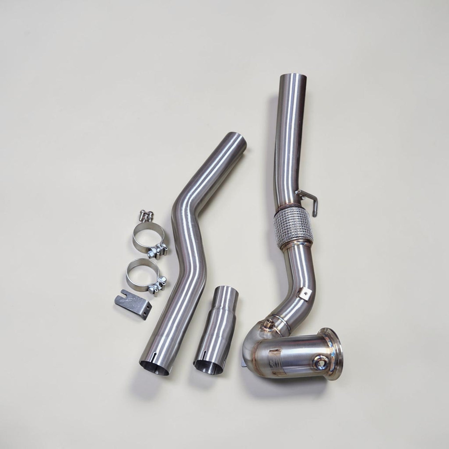Palenon Performance stainless steel race downpipe kit for Audi S3 8Y and VW MK8 Golf R with clamps and hardware