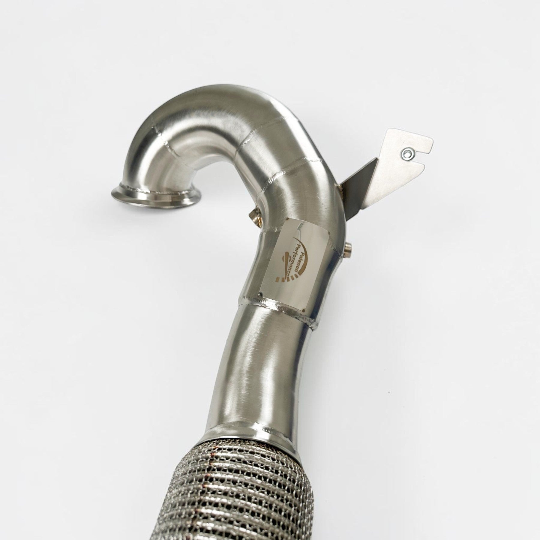 Palenon Performance 3.5-inch stainless steel race downpipe for VW MK8 GTI and Audi 8Y A3 with TIG-welded construction.