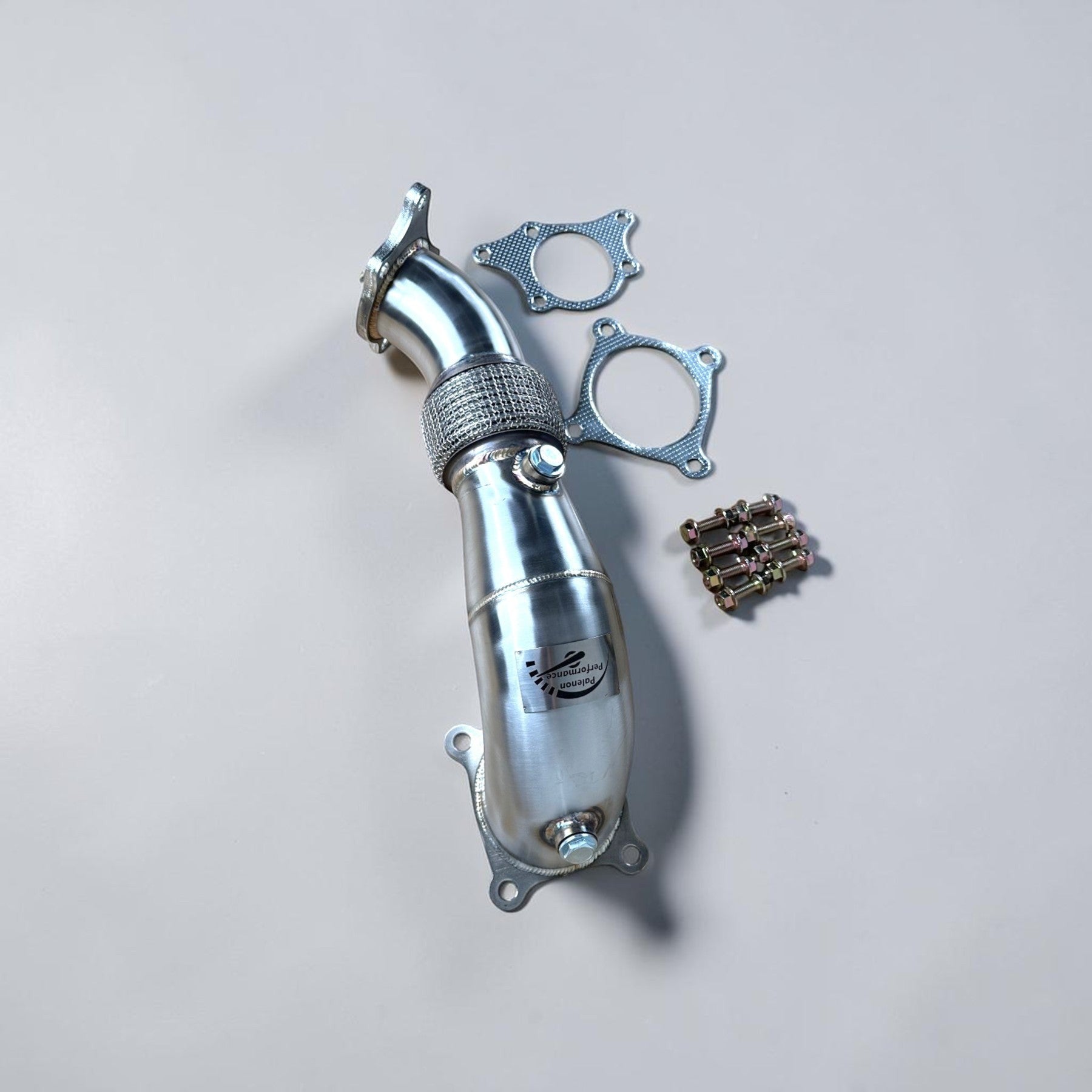 Palenon Performance stainless steel race downpipe for Honda Civic Type-R with included gaskets and mounting hardware.
