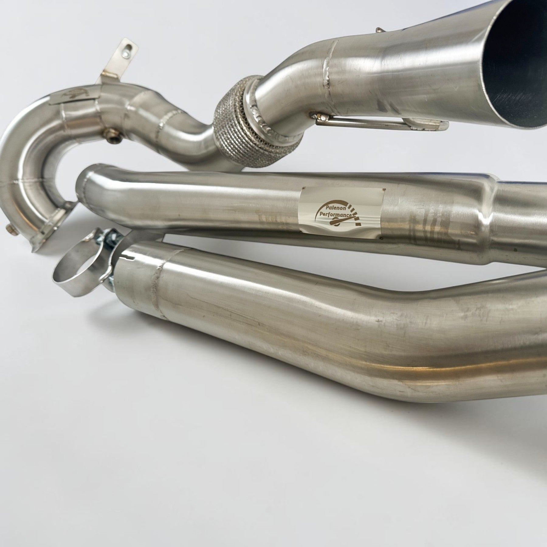 Palenon Performance stainless steel race downpipe for Audi S3 8Y and VW MK8 Golf R with TIG-welded construction.