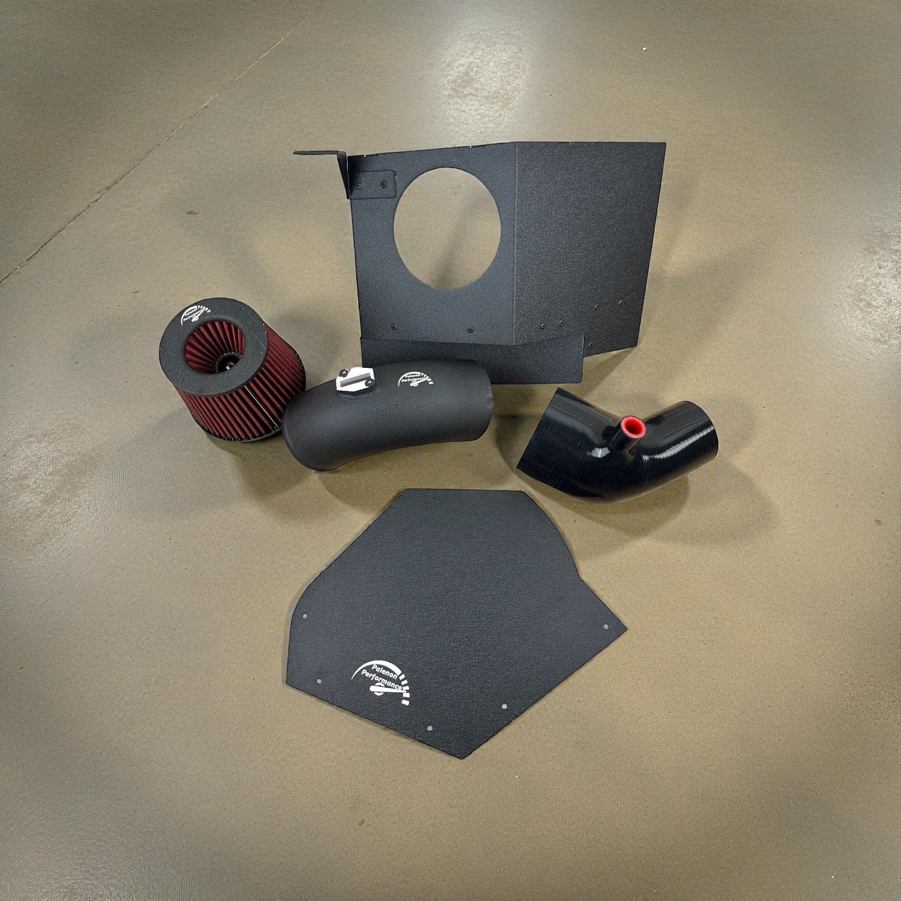 Palenon Performance B58 cold air intake kit for Toyota Supra with black aluminum pipes, heat shield, and air filter.
