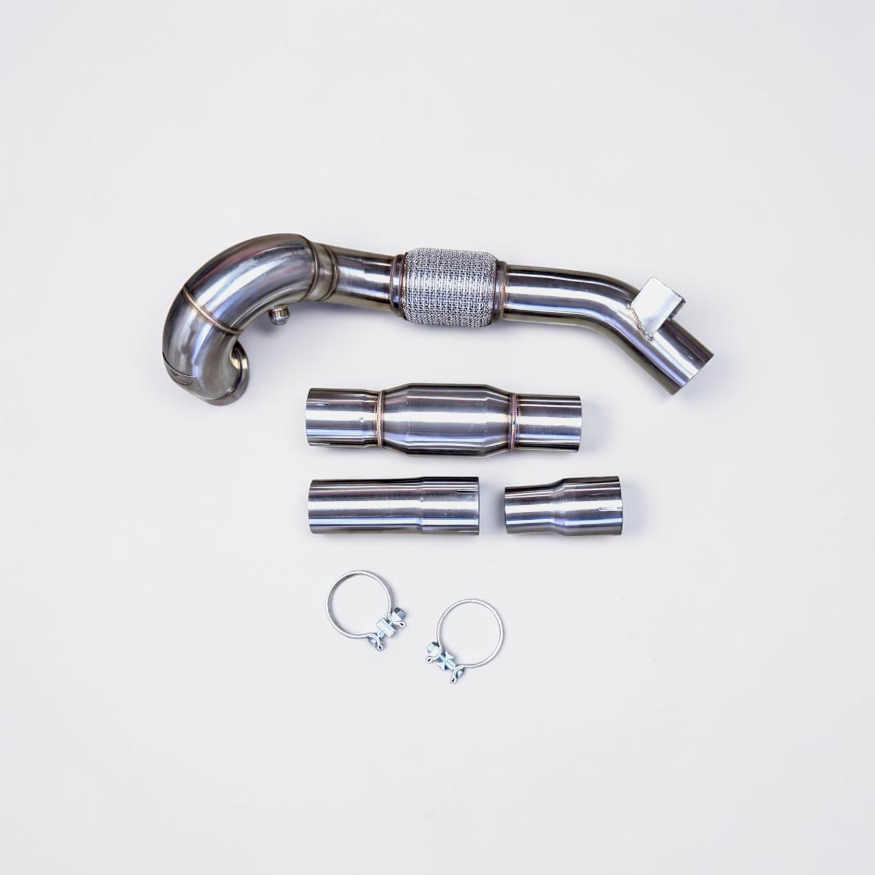Palenon Performance stainless steel race downpipe kit for VW Golf MK7 with flex section, adapters, and clamps.