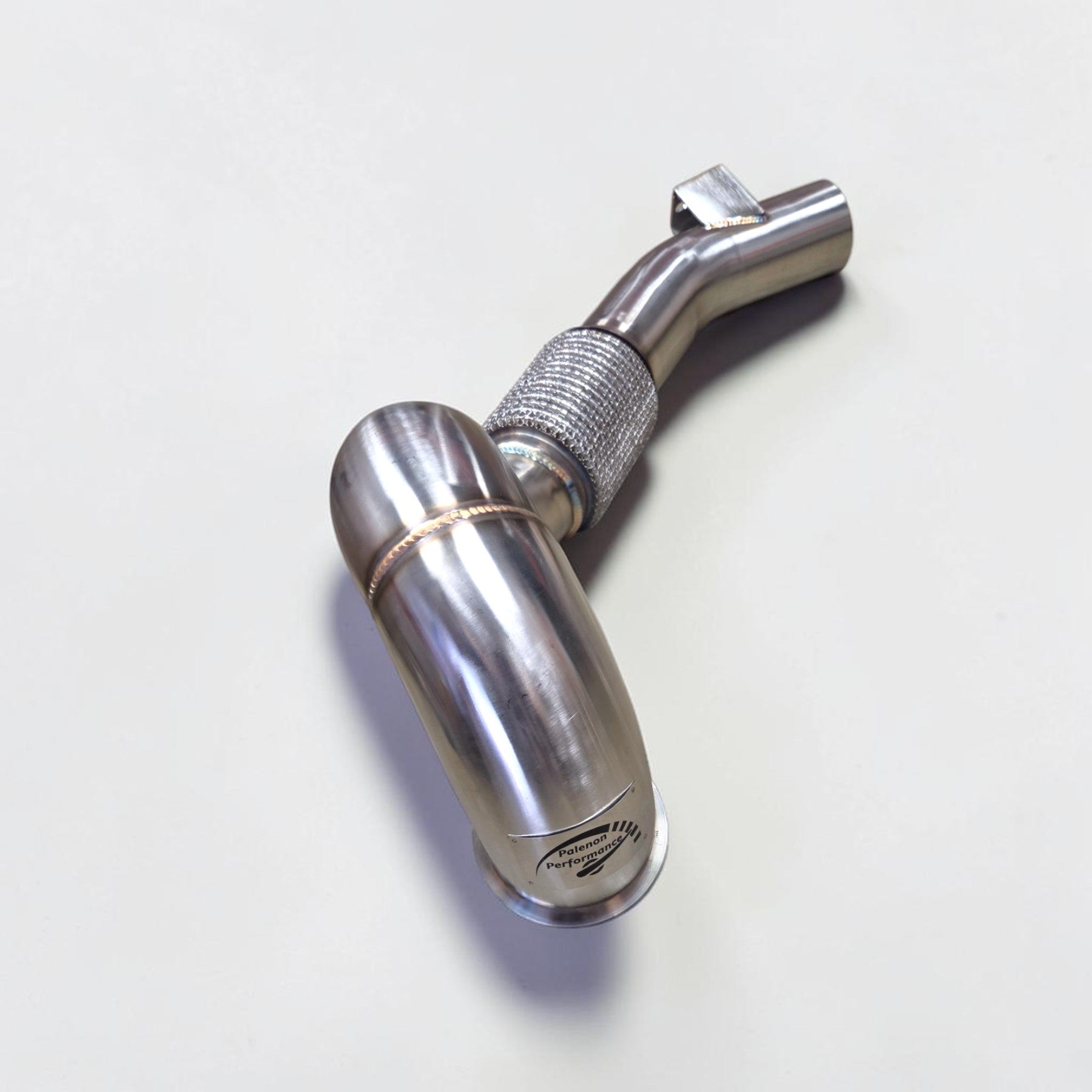 Palenon Performance stainless steel race downpipe for VW Golf MK7 featuring TIG-welded construction and flex section.