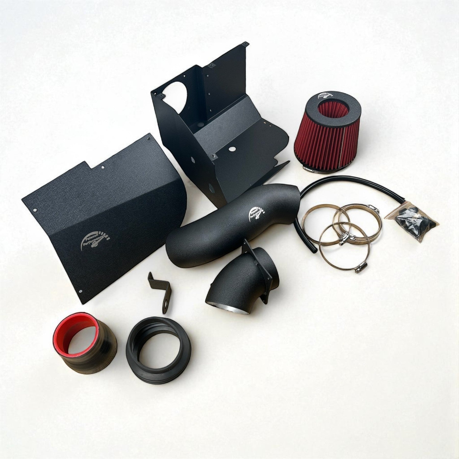 Palenon Performance cold air intake kit for VW MK8 GTI and Golf R with black powder-coated parts and red cone filter